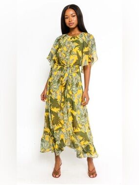 NWOT Olivaceous Bianca Yellow Maxi Dress with Olive Leaf Print